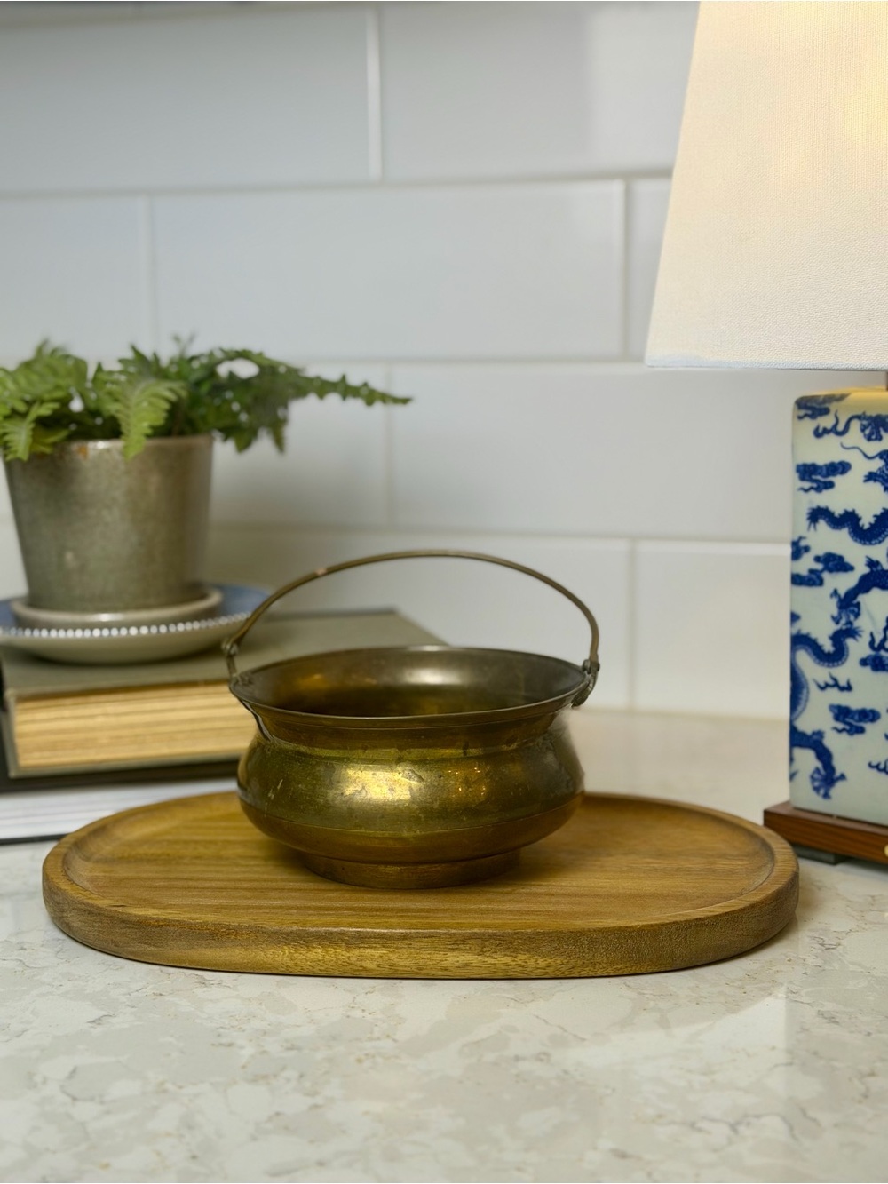 Antique-Style Brass Decorative Bowl with Handle - Gold